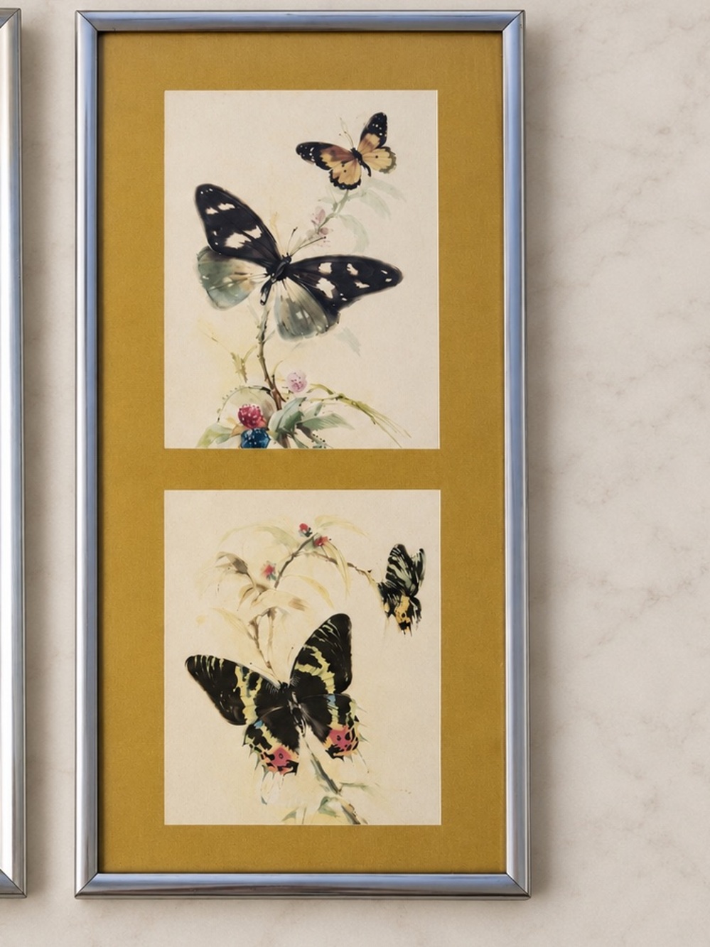 Framed Butterfly Wall Art Set in Mustard Yellow Mat